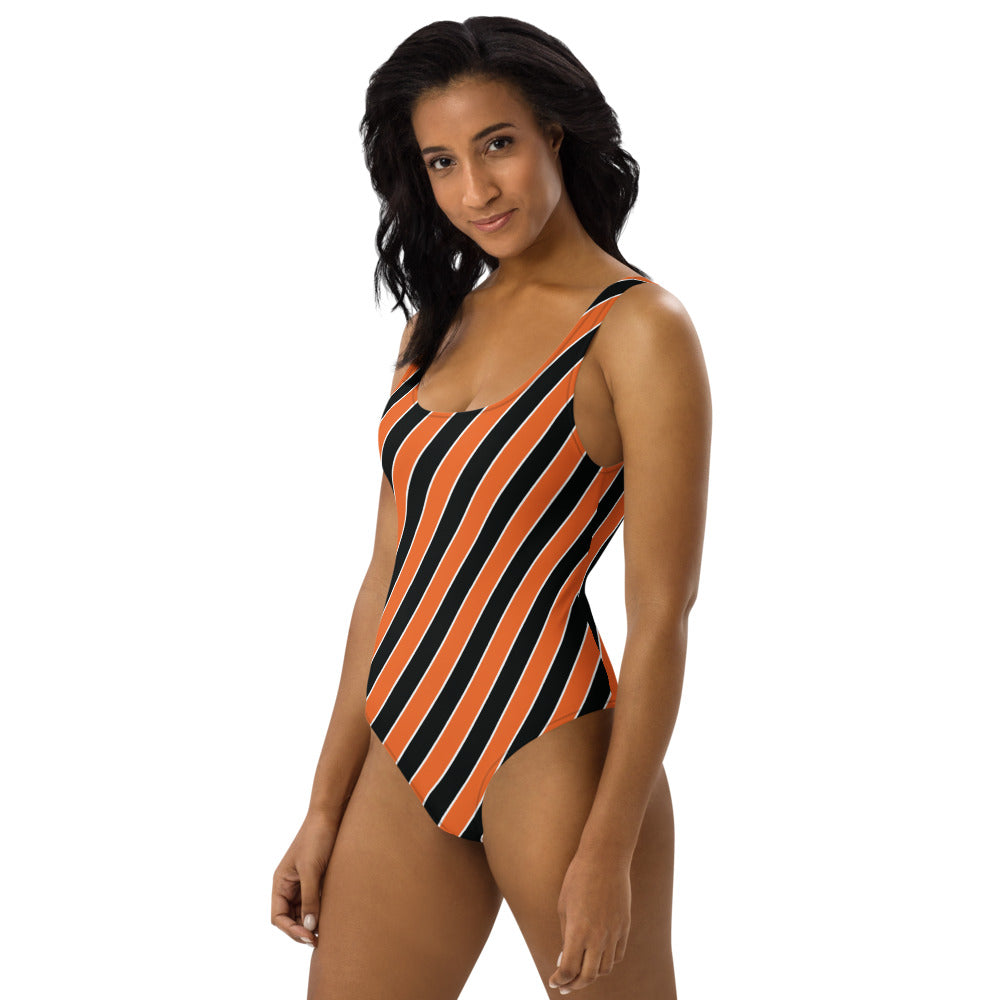 Women s Halloween Orange and Black Stripes One Piece Swimsuit